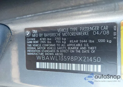 2008 BMW 328I z USA, uszkodzony, nr VIN WBAWL13598PX21450